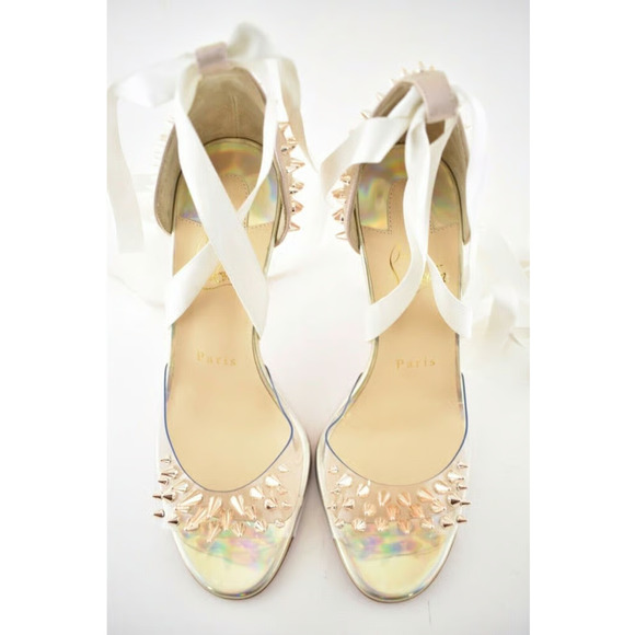 Christian Louboutin Barbarissima 100 Nude Gold PVC Lace Up Sandal Heel Pump 35.5 - Picture 9 of 12